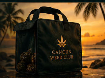 Cancun Weed Club delivery bag on the beach at sunset