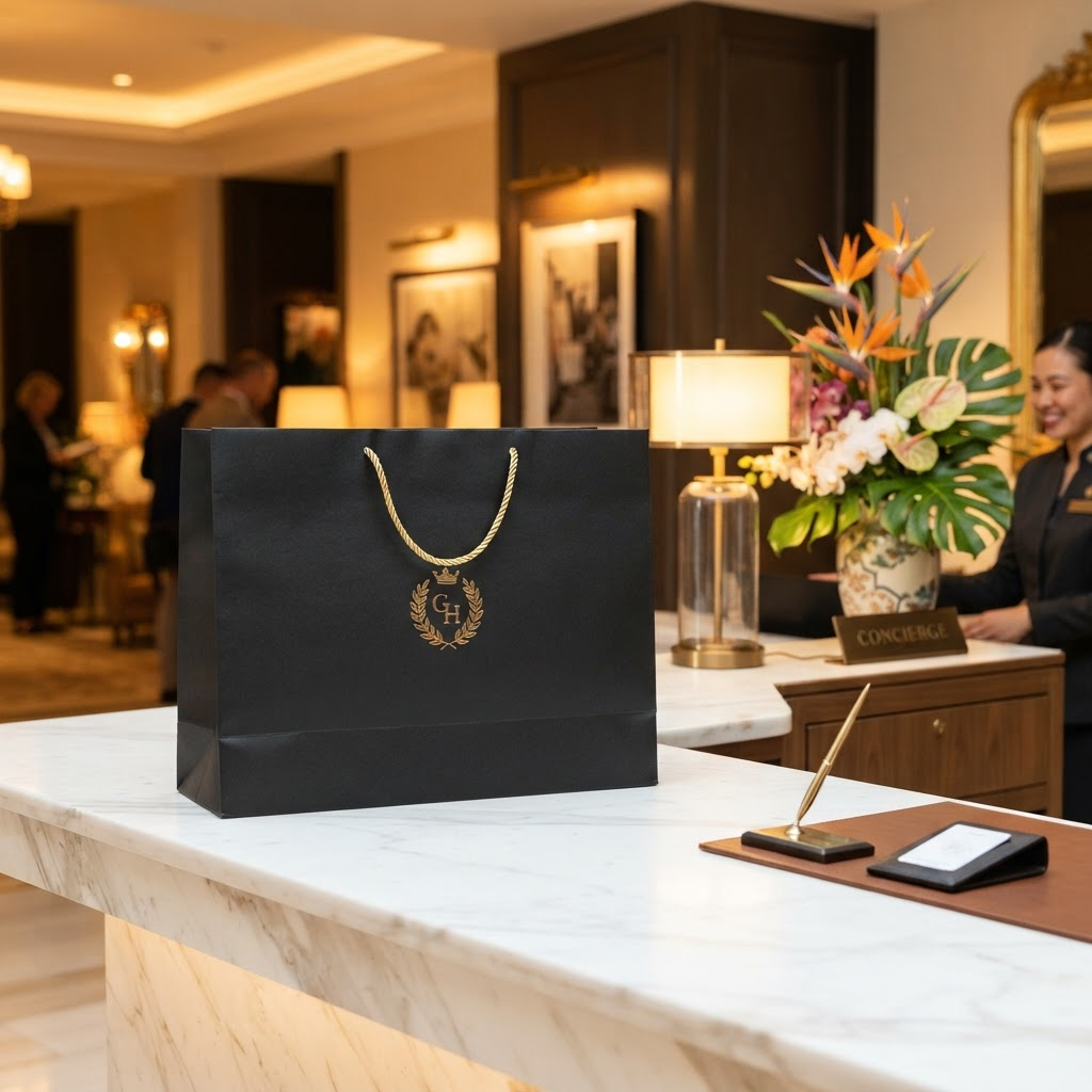 Elegant black boutique bag with gold rope handles waiting on the bright marble concierge counter